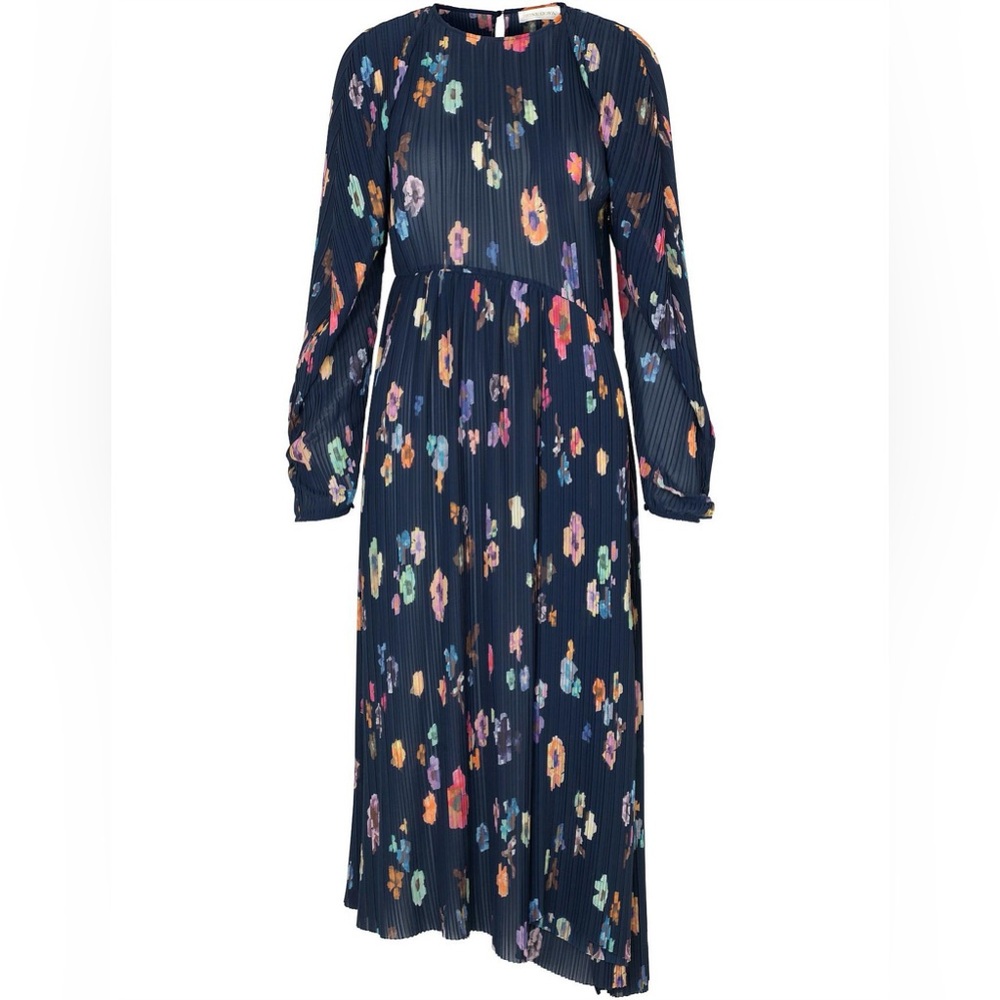 STINE GOYA Navy Pleated Maxi Dress with Multicolor Floral Print